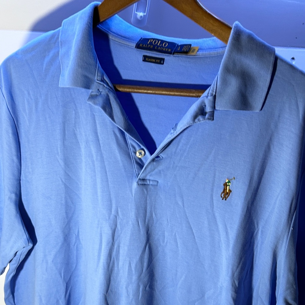 RALPH LAUREN Polo Cotton Shirt Short Sleeve Blue Horse Soft Classic Comfy Large